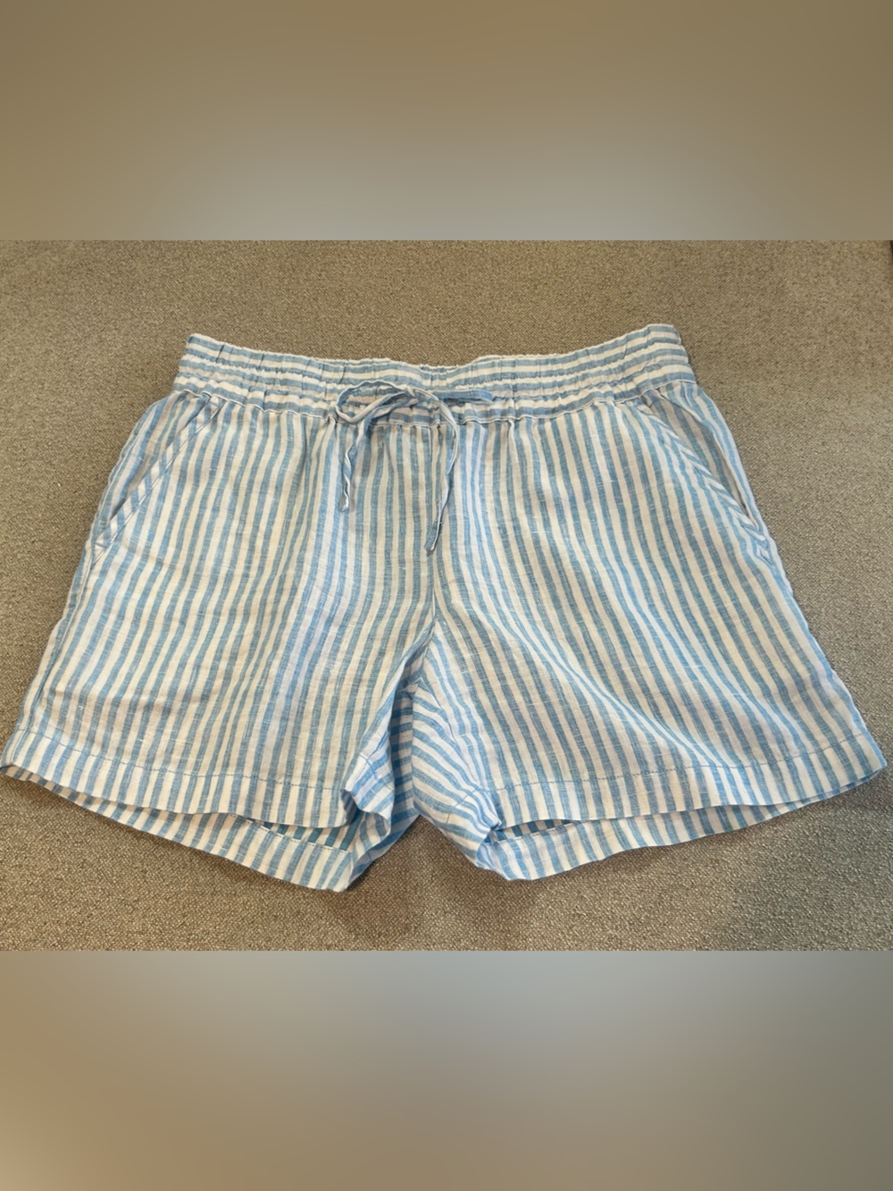 Tommy Bahama Light Blue and White Striped Linen Drawstring Top